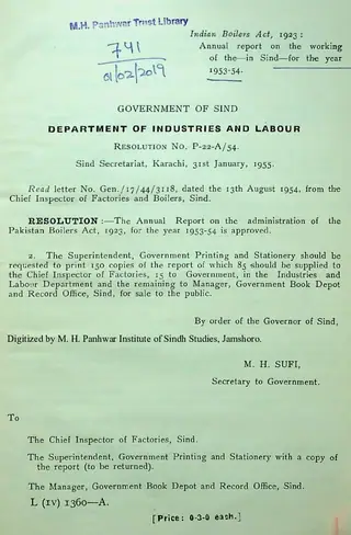 Annual Report of the Administration of the Boilers Act, 1923, in the Province of Sindh 1953-54