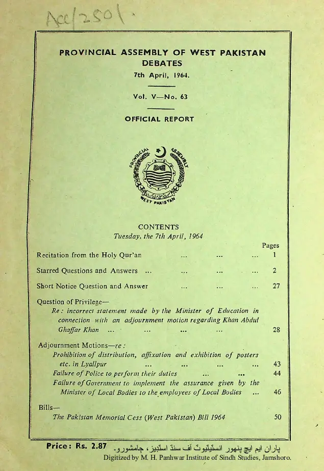 Provincial Assembly of West Pakistan Debates (Volume 5, Number 63, 1964)